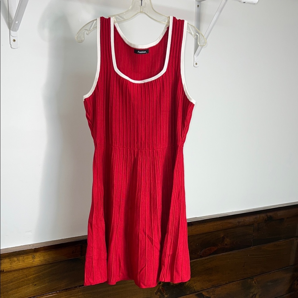 Amazon Red Sleeveless‎ Sweater Dress with White Trim- L